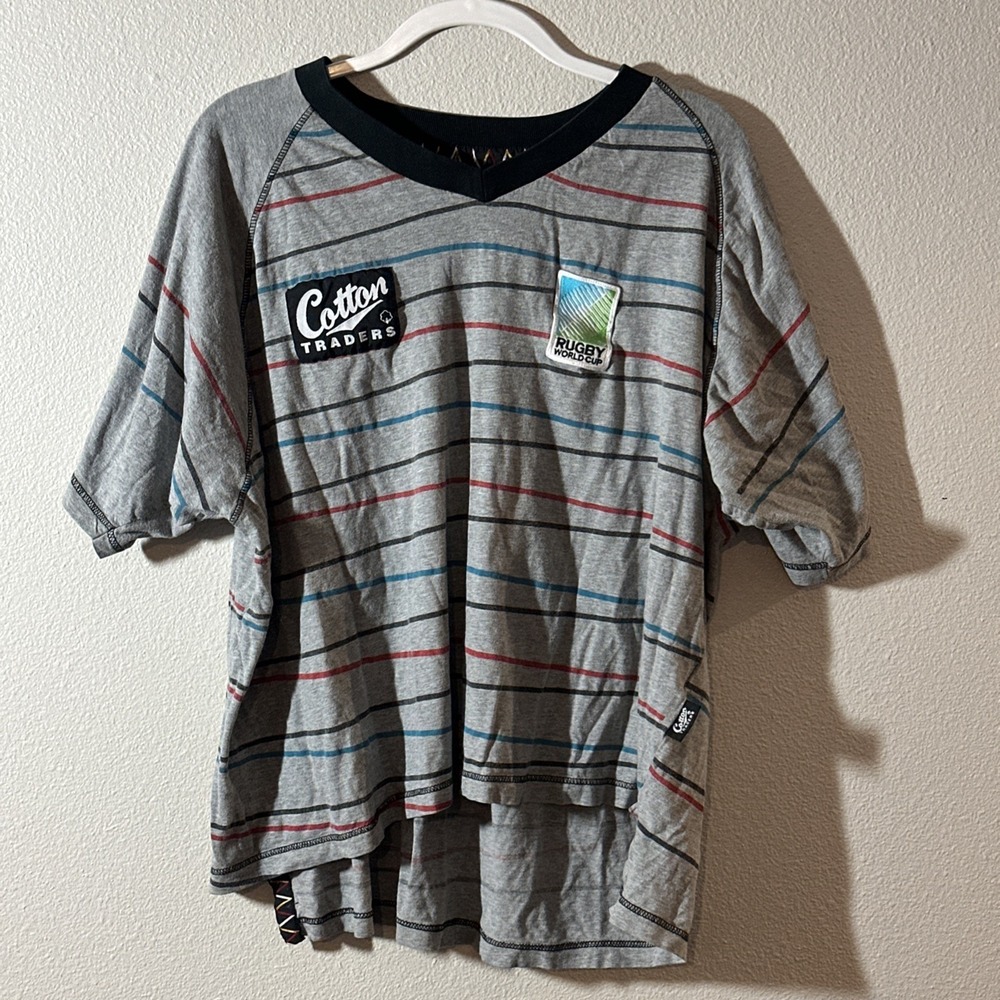 Vintage 1999 Rugby World Cup Cotton Traders Striped Shirt Gray Tee XL Mauritius